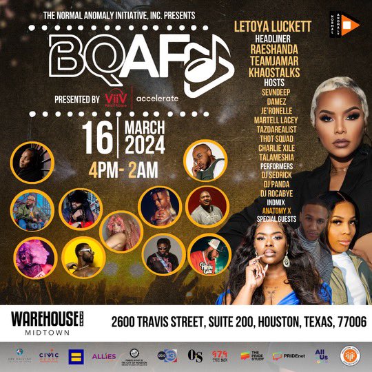 March 16, 2024 4pm BQAF: Homecoming touches down at Warehouse Live Midtown w/ headliner and our Hometown girl, LeToya Luckett! Get your tickets and more information on BQAF Homecoming here: normalanomaly.org/bqaf/