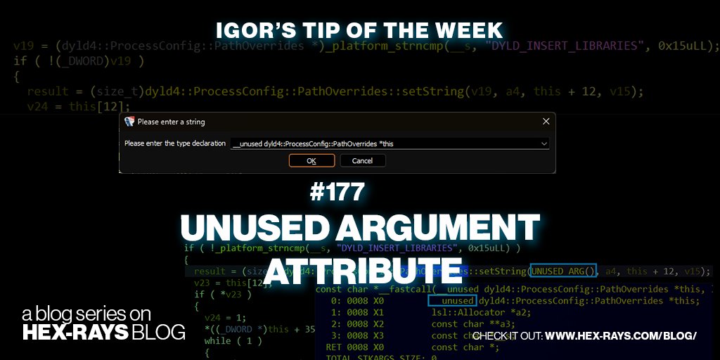 HexRaysSA's tweet image. Some arguments passed to a function seem a bit weird? Check if this attribute can help get you better decompilation 🌐 hex-rays.com/blog/igors-tip…

#IgorsTipOfTheWeek #IDAtips #IDAPro #decompiler