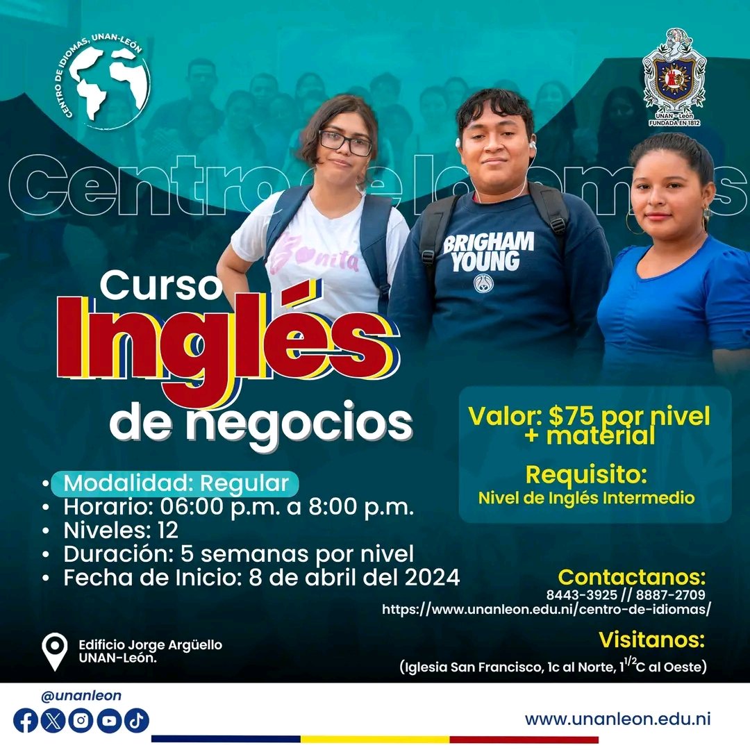 Curso de Inglés de Negocios, modalidad regular y dominical. Para más información visite nuestro sitio web: unanleon.edu.ni/centro-de-idio…