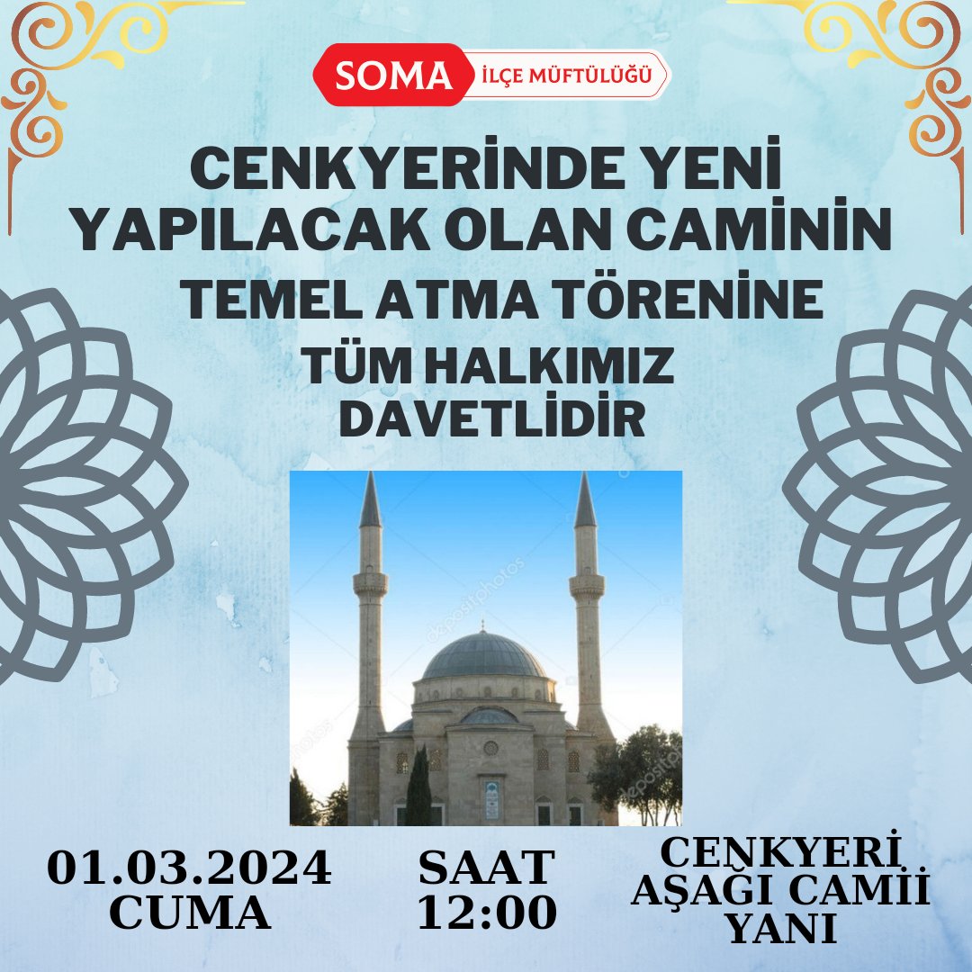 🔷CENKYERİ MAHALLESİNDE YENİ YAPILACAK OLAN CAMİMİZİN TEMEL ATMA TÖRENİNE TÜM HALKIMIZ DAVETLİDİR
🔷01.03.2024 CUMA 
🔷SAAT: 12:00
🔷CENKYERİ AŞAĞI CAMİİ YANI