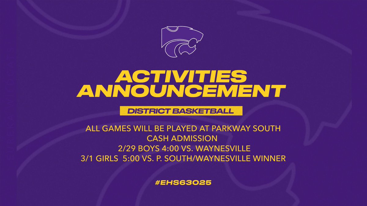 District games  kick off Thursday (boys) and Friday (girls). 

Come out and support your Eureka  Wildcats basketball teams!