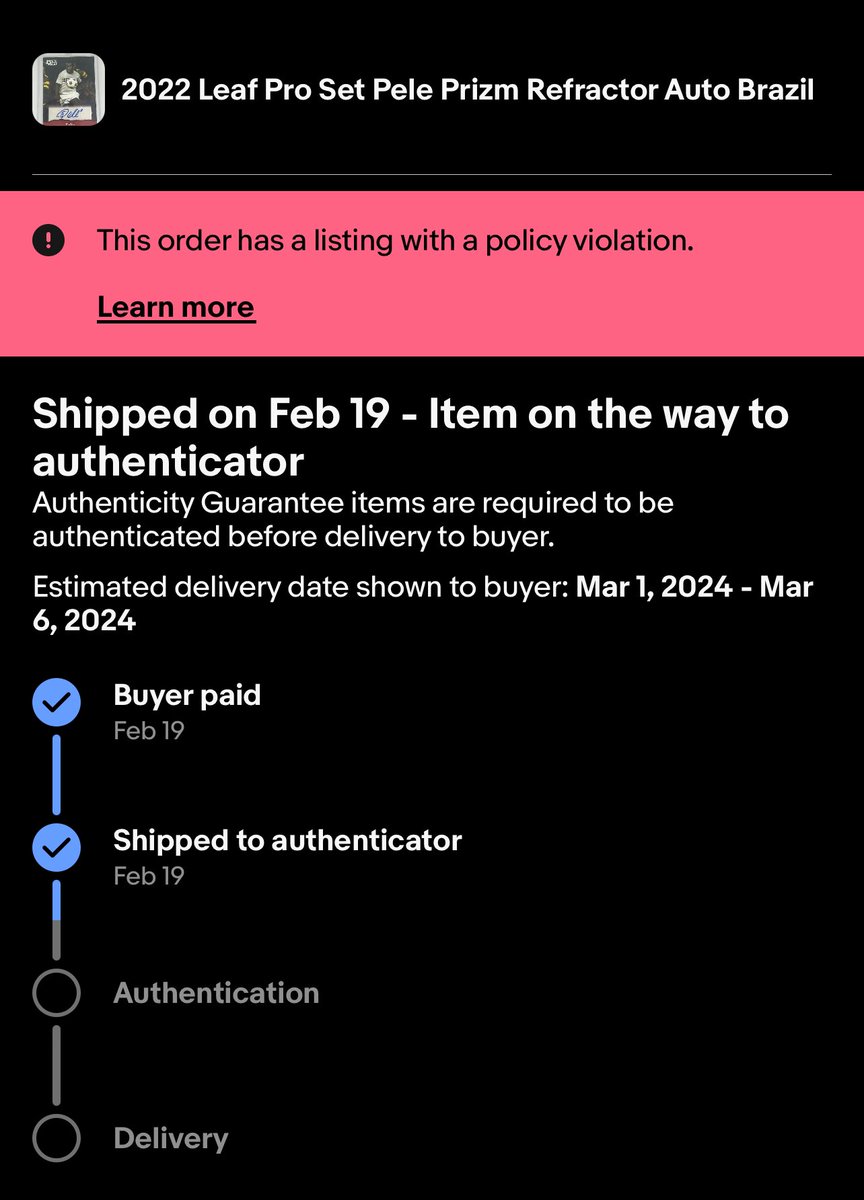 Alex_Jacobson11's tweet photo. This is a SHOCKING one. Basically, a buyer got buyer’s remorse and complained that it could be fake because it’s Leaf. eBay said that this item is counterfeit, cancelled the sale and removed the listing. Will eBay be removing all Pele Leaf autos? 

I’m adot_jdot11 on IG https://t.co/A44DjUAbYK