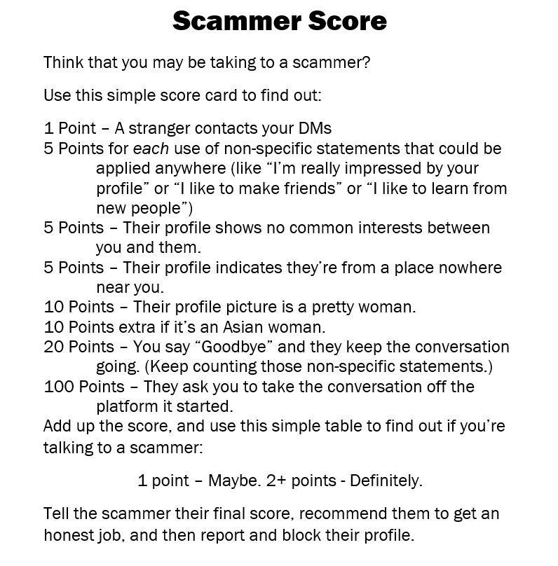 LinkedIn has a problem with scam fishers. It's gotten so bad lately that I had 2 using the same script in the same day. So I made this little game to play with the scammers: