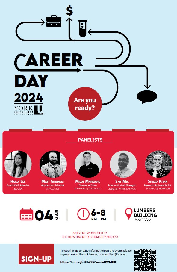CAREER DAY!!!! ✨✨

On March 4th, there will be a career panel happening on campus, beneficial for both the undergraduate and graduate communities!  

Make sure you sign up at the link shown on the poster!💼🧪👩‍🔬