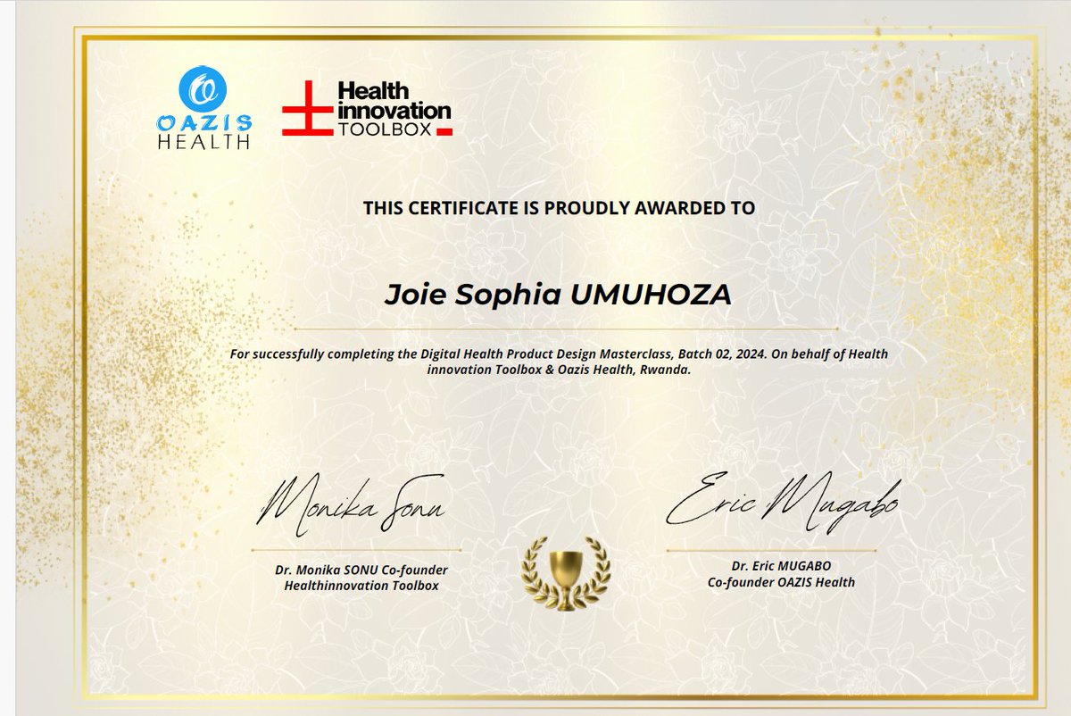 I am writing to express my sincere gratitude for the incredible Digital Health Masterclass course that I've attended. it  shaped my understanding and proficiency in the field of digital health .
@OazisHealth ,@healthinovatio1 ,@EricMugabo03 ,@sonu_monika