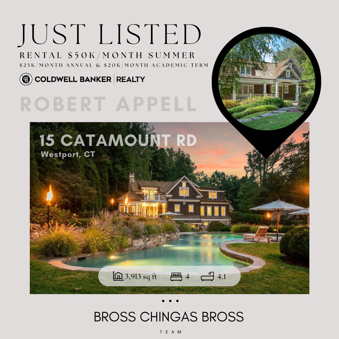 #JUSTLISTED | RENTAL
15 Catamount Road | #WestportCT
Listed by @robertappellrealestate
$50K/Month for Summer
$25K/ Month for Annual
$20K/Month for Academic term
Learn More at BrossChingas.com
#SoldOnCT
<a href="/ColdwellBanker/">Coldwell Banker</a> 
203.454.8000
Info@BrossChingas.com