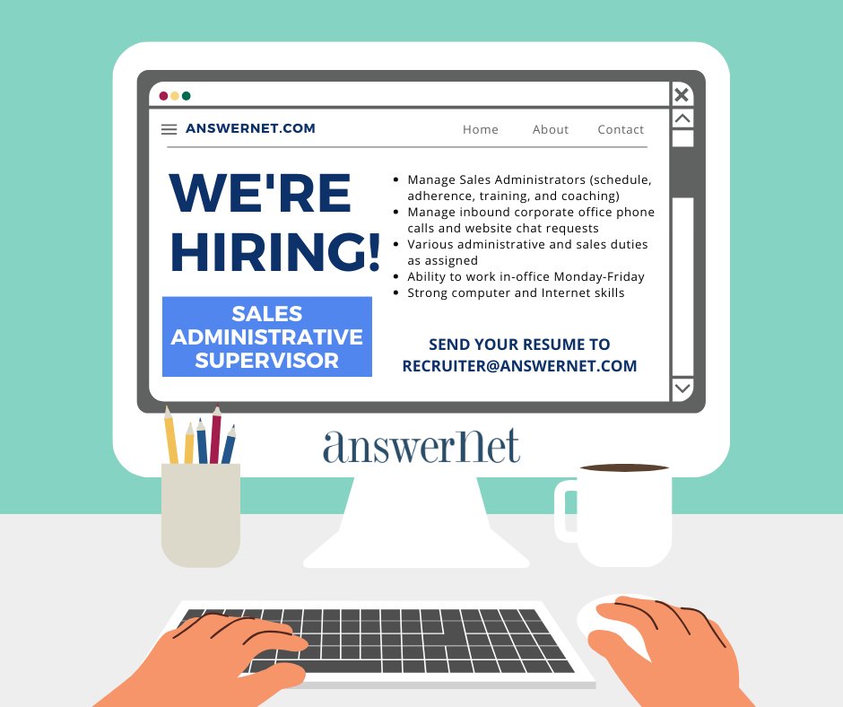 AnswerNet's tweet image. We&apos;re #hiring a Sales Administrative Supervisor to join our Willow Grove, PA team! If you are interested, apply at the link below or send your resume in an email to recruiter@answernet.com.

tinyurl.com/257y34h2

#salesadmin #jobopening #werehiring #hiringnow #adminsupervisor