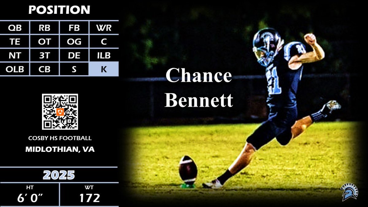 Coaches, my recruitment is still open!! Looking for that first offer at any level!! Ready to work this offseason and attend some camps! chancethekicker@gmail.com 804-489-6674 4.24 Weighted GPA | 3.71 Unweighted 1170 SAT Class of 2025 @CosbyTitansFB @Coach_Wild