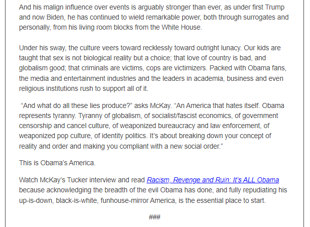 CalamoPress's tweet photo. Update: Only 36 hrs after @TheHayride's interview with @TuckerCarlson, Amazon sold out of Racism, Revenge and Ruin: It's ALL Obama. They will be restocked soon but in the meantime, we are offering 20% off of RRR on https://t.co/5s1nCh7GW0. A must watch interview &amp; must read book! https://t.co/YdwI5boGmN