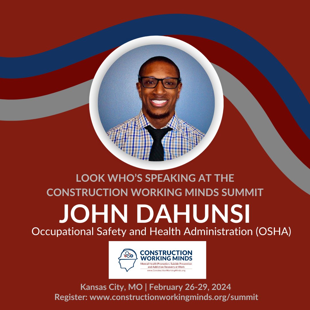 Wonderful to have John Dahunsi with the Occupational Safety and Health Administration (OSHA) keynoting at our affiliate's #ConstructionWorkingMinds Summit on "Building #Resilience: Constructing Pathways to Promote #MentalHealth." #SuicidePrevention #WorkplaceSuicidePrevention