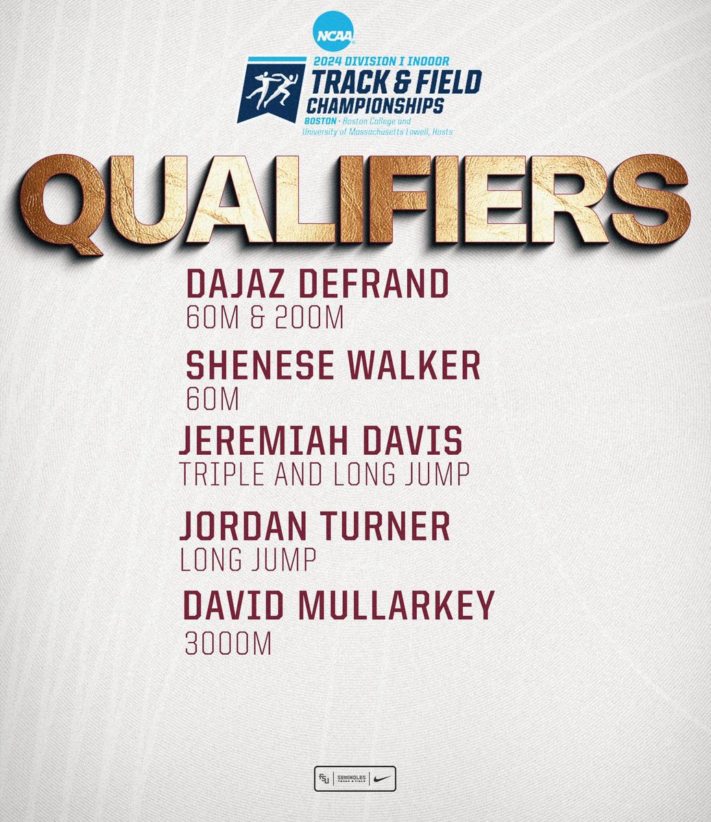 𝐇𝐄𝐀𝐃𝐄𝐃 𝐁𝐀𝐂𝐊 𝐓𝐎 𝐁𝐎𝐒𝐓𝐎𝐍.

We’ve got 5️⃣ athletes representing the Garnet and Gold at the NCAA Indoor Track and Field Championship next week in Boston, Massachusetts.

#NoleFamily | #OneTribe