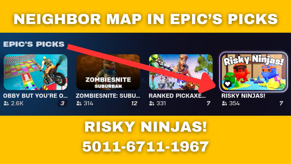 NEIGHBOR has some amazing news to share!🥳

Risky Ninjas has been selected for Epic's Picks!💫

Thank you all for the Support💛
Play now: 5011-6711-1967
Director @thomasjanky 
<a href="/FNCreate/">Fortnite Creators</a> #UEFN