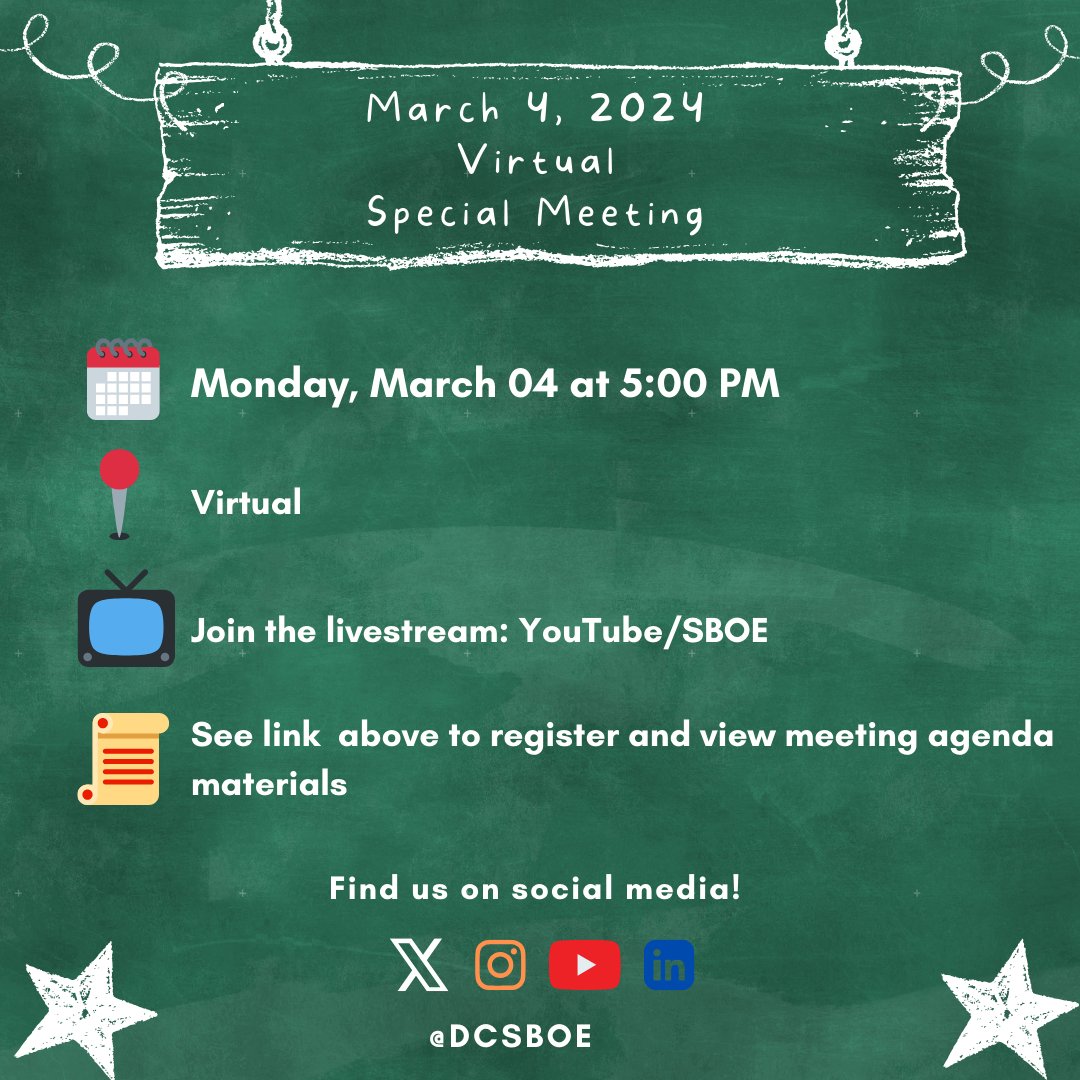 DC State Board of Ed (@dcsboe) on Twitter photo 🥳 Join <a href="/DCSBOE/">DC State Board of Ed</a> on March 4 for the Virtual Special Meeting on SR24-5, Approving the Categories and Format of the District of Columbia School Report Card. #YourVoice
Registration: us06web.zoom.us/webinar/regist…
Meeting Materials: bit.ly/SBOEMeetingDocs 🥳 Join <a href="/DCSBOE/">DC State Board of Ed</a> on March 4 for the Virtual Special Meeting on SR24-5, Approving the Categories and Format of the District of Columbia School Report Card. #YourVoice
Registration: us06web.zoom.us/webinar/regist…
Meeting Materials: bit.ly/SBOEMeetingDocs