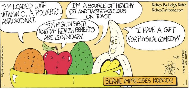 I have to admit, he does have a certain a peel. 

#freshfruit #oranges #apples #avocados #bananas #fruit #healthysnacks #cartoon #Cartooning #cartoonist