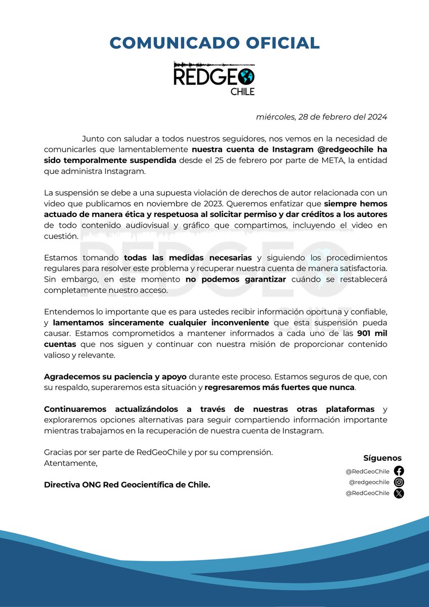 RedGeoChile's tweet photo. COMUNICADO OFICIAL

Información sobre la situación actual de nuestra cuenta de @instagram que ha sido suspendida temporalmente por @Meta. https://t.co/GJPY9Jb00f
