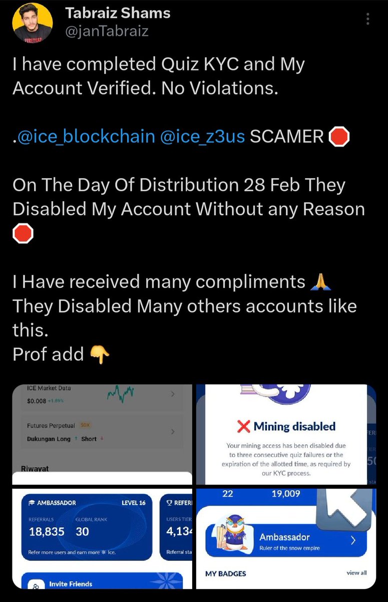 PiNewsGlobal's tweet image. ICE Network, which acting like dictators from the 1940s, has once again disabled accounts of innocent people.

An example is @janTabraiz, who has 119,000 subscribers on YT and 19,000 ICE refs.

Only #PiNetwork is real💯

#Icedistribution #IceNetwork #ice_blockchain #iceblockchain