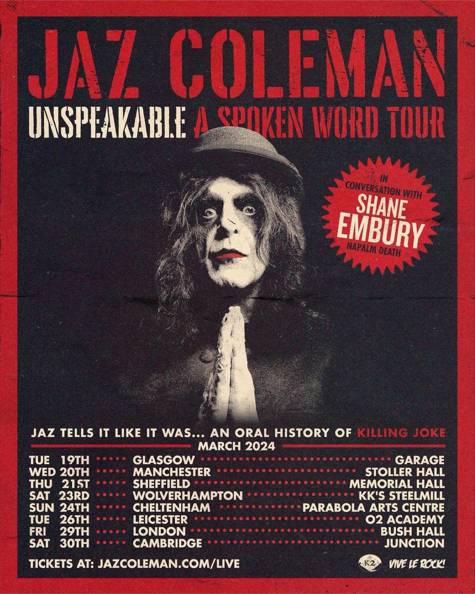 Shane will be heading out with the legendary Jaz Coleman on his forthcoming spoken word tour of the U.K. - all things @Killingjokeband and more ! Tickets available at jazcoleman.com/live @KerrangMagazine @BLABBERMOUTHNET @centurymedia @EaracheRecords @NME