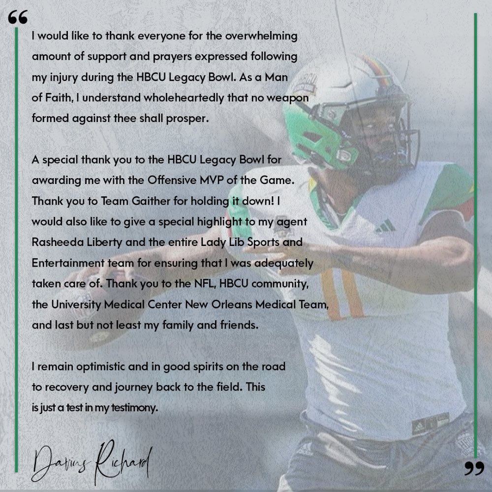 Thank you to everyone for your love and support. Romans 8:28 

 #hbculegacybowl #hbcucombine #nfl #nflcombine #DaviusRichard #meac #cfl #ufl #hbcu