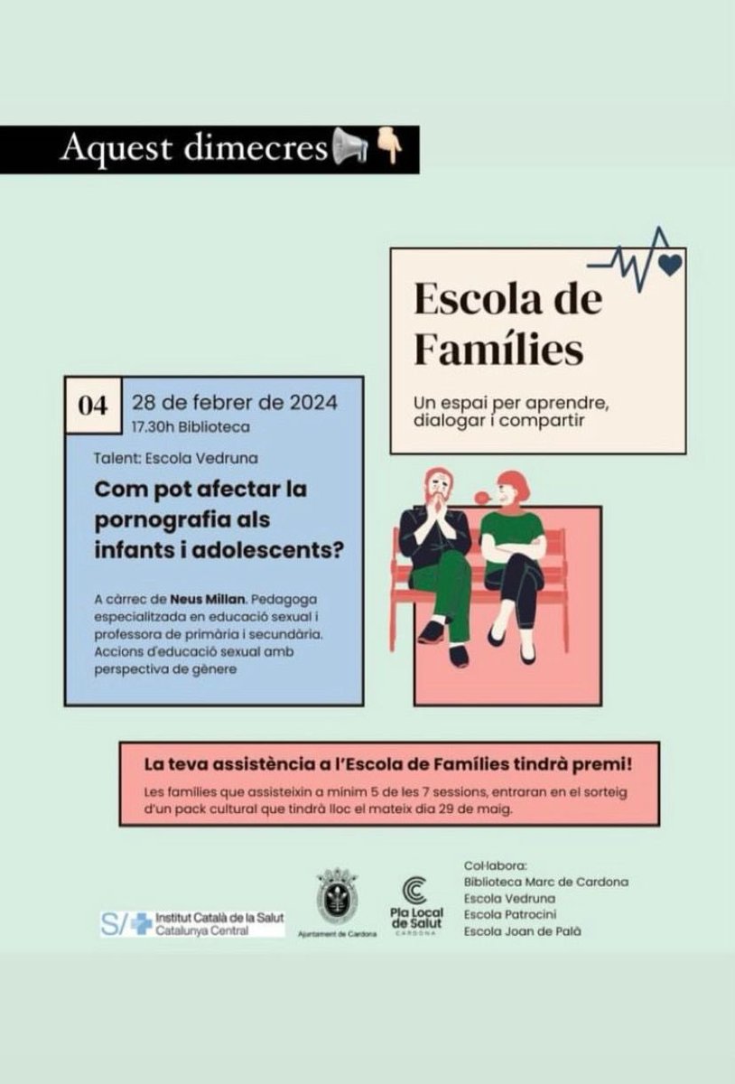Seguim amb l’escola de famílies. Aquest més la neusmillan.com ens ha explicat “Com pot afectar la pornografia als infants i adolescents” <a href="/nuriasolanas/">Nuria Solanas</a> #CAPCardona <a href="/ajtcardona/">Ajuntament de Cardona</a> <a href="/escolapatrocini/">Escola Patrocini</a> @VedrunaCardona #EscolaJoandePala   <a href="/icscatcentral/">ICS Catalunya Central</a> <a href="/icscat/">ICS. Generalitat</a>