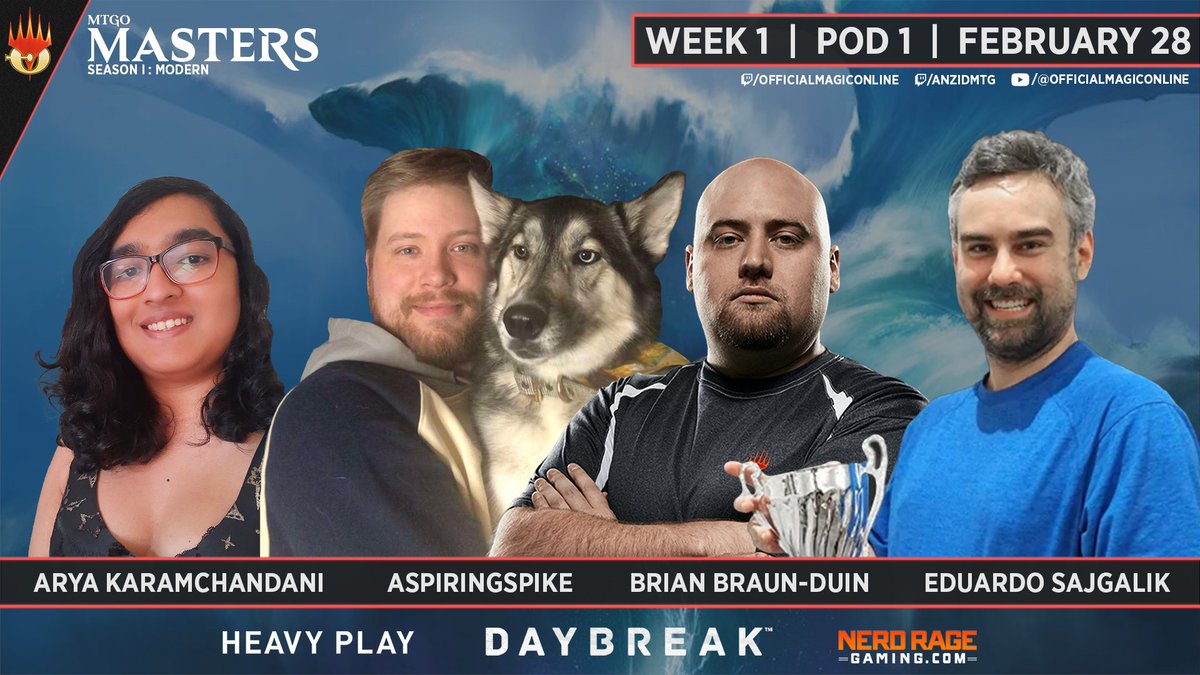 MagicOnline's tweet image. It&apos;s Wednesday which means #MTGOMasters Week 1

Live in 15m
twitch.tv/officialmagico…
twitch.tv/anzidmtg

🔸Hosts
🔹@TheWillHallExp
🔹@anzidmtg

🔸Pod 1
🔹 @Aspiringspike
🔹 @Walaoumpa
🔹 @BraunDuinIt
🔹 @hogpog_98

Sponsors: @HeavyPlayLLC, @NRGSeries
+ Live on, Youtube &amp;amp; Kick