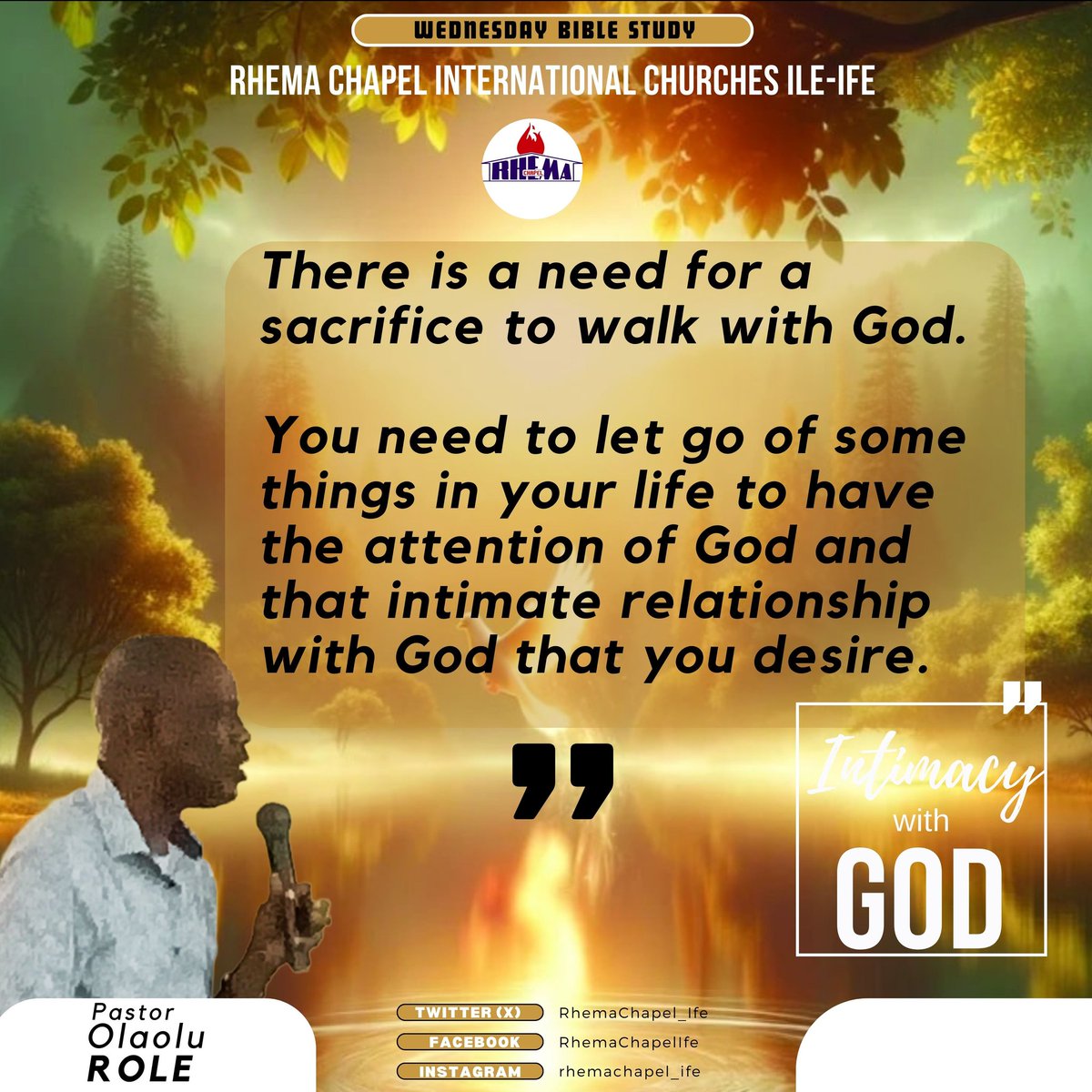 Pastor Olaolu Role took us on another ride on #IntimacyWithGod on our Wednesday #BibleStudy service.

Here is the excerpt of the message that places a demand on believers to crave and truly desire God.

#RhemaIfe
#Soaring
#Intimacy
