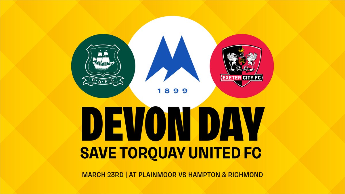 DEVON DAY. 23rd MARCH. 

The international fixtures allow a break for Argyle, while Exeter are away at Leyton Orient. 

If you fancy a game close to home then get along and back the Gulls! Lets Pack Plainmoor

🎟️ tinyurl.com/torquayvsrichm…

#pafc | #tufc #savetorquayunited #ecfc