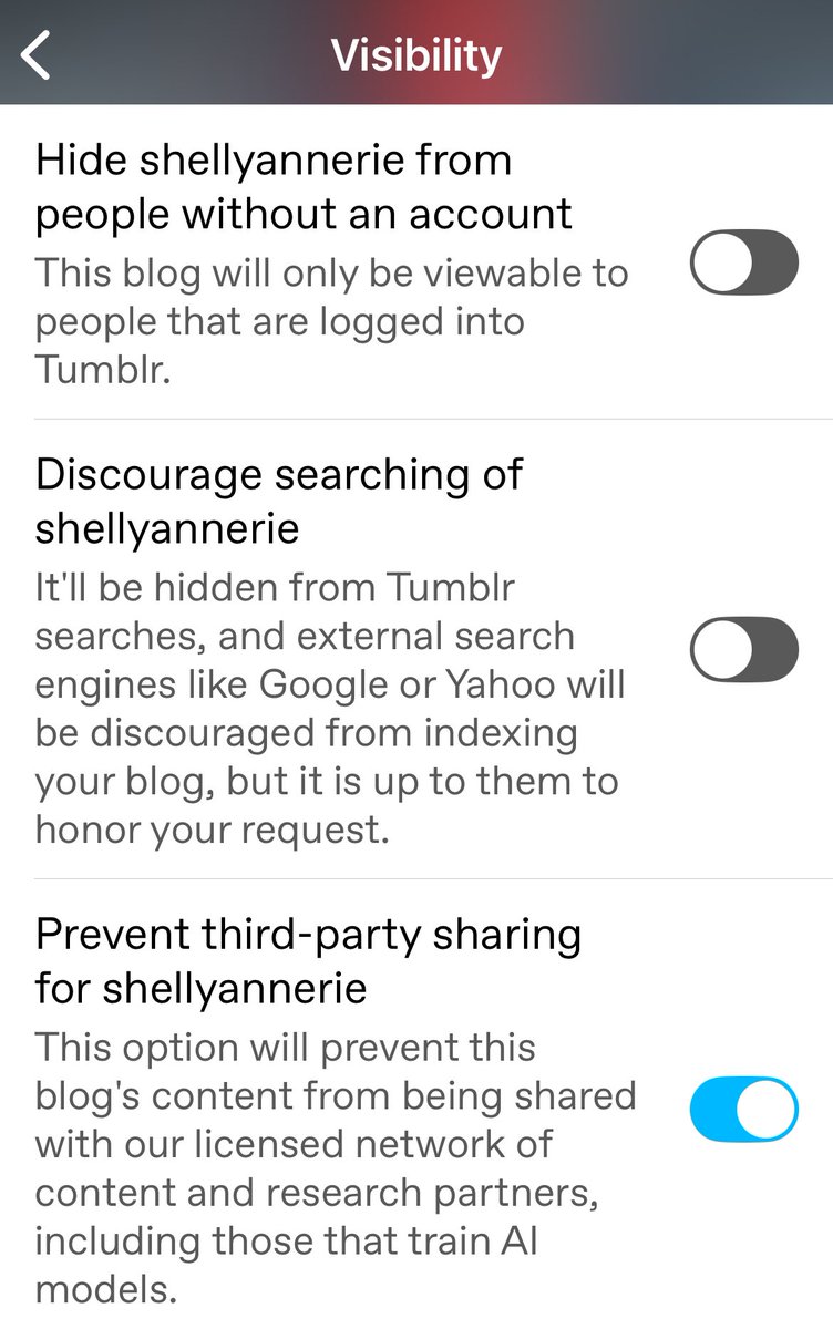 I don’t even really use tumblr anymore but those who have one, make sure you go to Settings and select Visibility and select this toggle button.