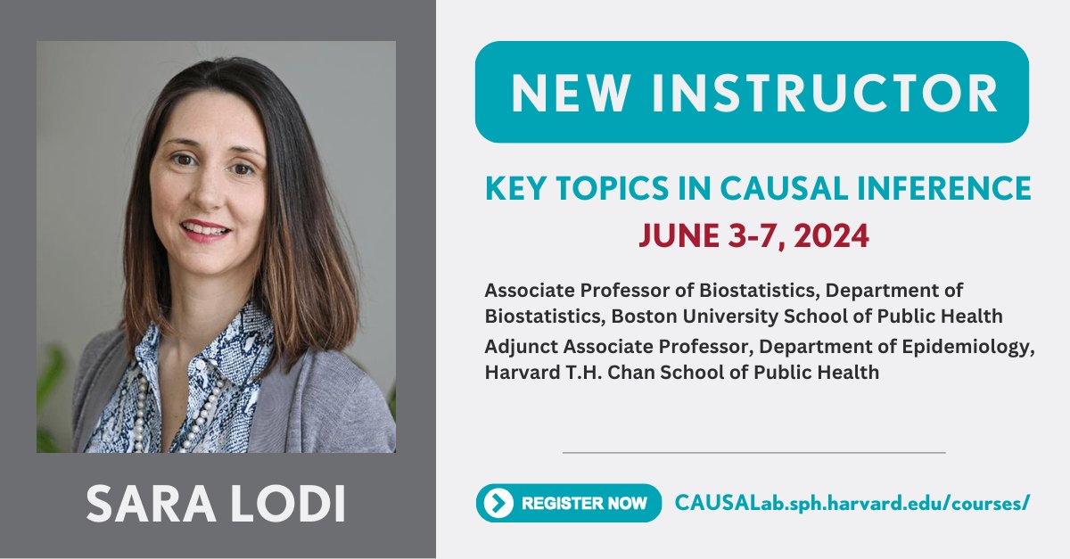 Sara Lodi joined the Key Topics in Causal Inference (KTCI) instructor team for #2024CAUSALabcourses! @misssaralodi is an Associate Professor of Biostatistics @BUSPH and an Adjunct Associate Professor in @HarvardEpi. Learn more & attend KTCI 👉 causalab.sph.harvard.edu/courses/