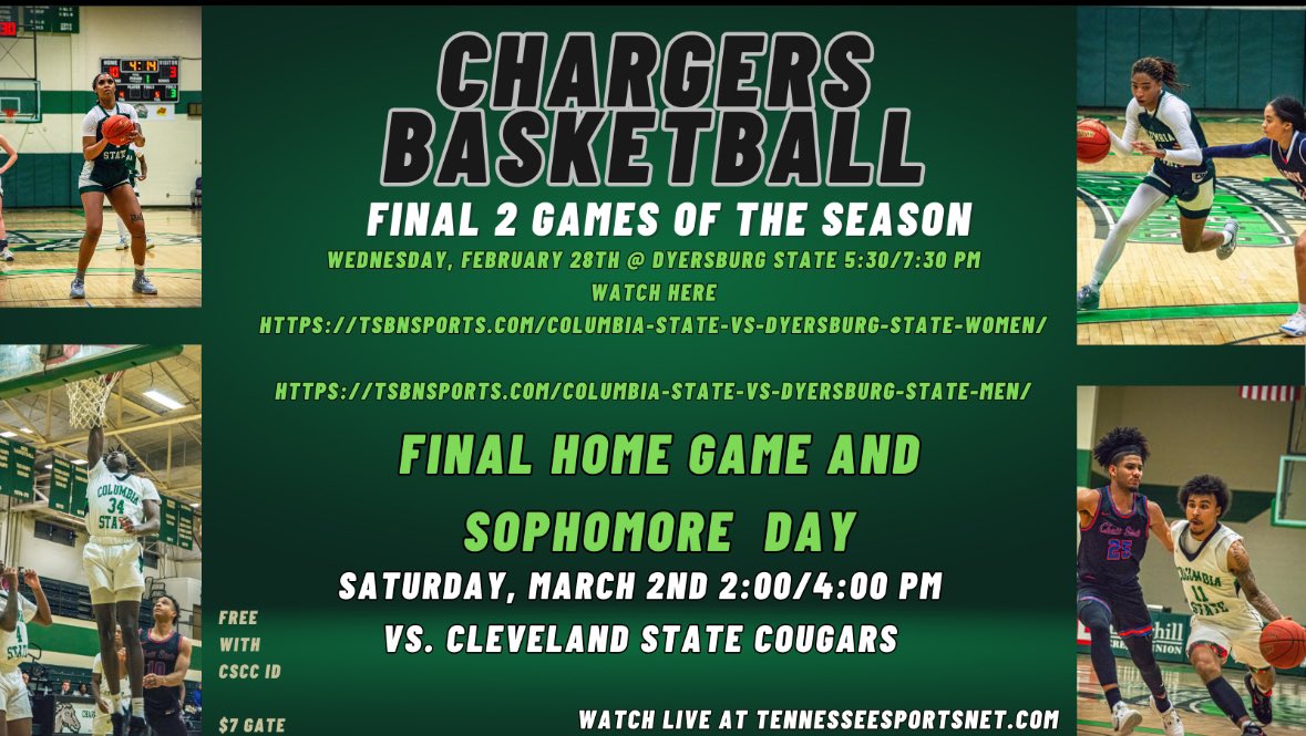 ColumbiaState Sports (@cstatesports) on Twitter photo Final 🏀 games for the season. Catch the Chargers as they finish out their regular season games and prepare for the Region 7 tournament. <a href="/TCCAAsports/">Tennessee Community College Athletic Association</a> Final 🏀 games for the season. Catch the Chargers as they finish out their regular season games and prepare for the Region 7 tournament. <a href="/TCCAAsports/">Tennessee Community College Athletic Association</a>