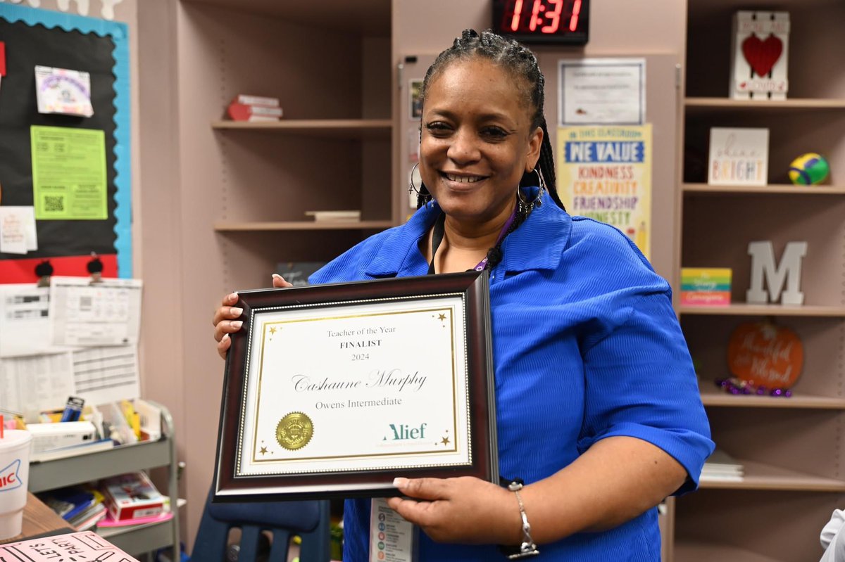 AliefISD's tweet photo. Big congratulations to Cashaune Murphy from @OwensInt for achieving Teacher of the Year Finalist status! Your dedication to excellence in education sets a shining example for all. #AliefProud https://t.co/Eql9fztg3I
