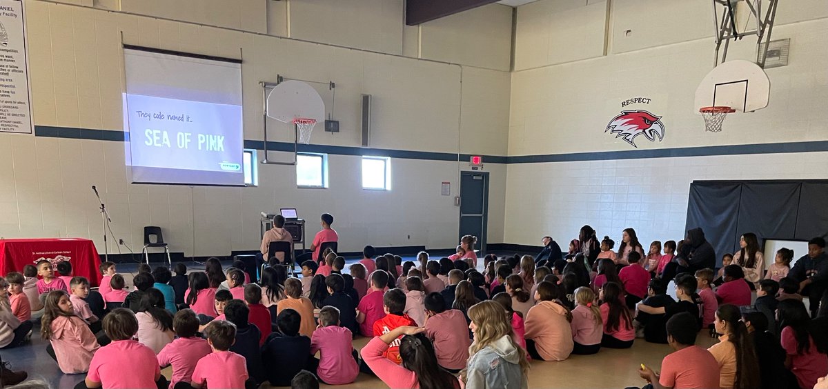 Today staff and students gathered on Pink Shirt Day in a Sea of Pink to think of ways we can lift each other up. Sharing, saying hello, helping a friend in need and holding the door were some ideas shared. @DeanDiFrancesco @HWCDSB #PinkShirtDay #Kindness