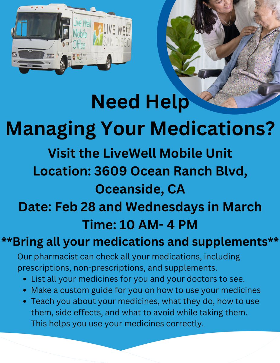 What a great resource the County of San Diego Mobile Pharmacy in collaboration with the @LiveWoWBus offer to our San Diegans. The pharmacists will help you manage your medications. Every Wednesday in March, at North Coastal Family Resource Center, 10 am- 4 pm. #brownbagmedication