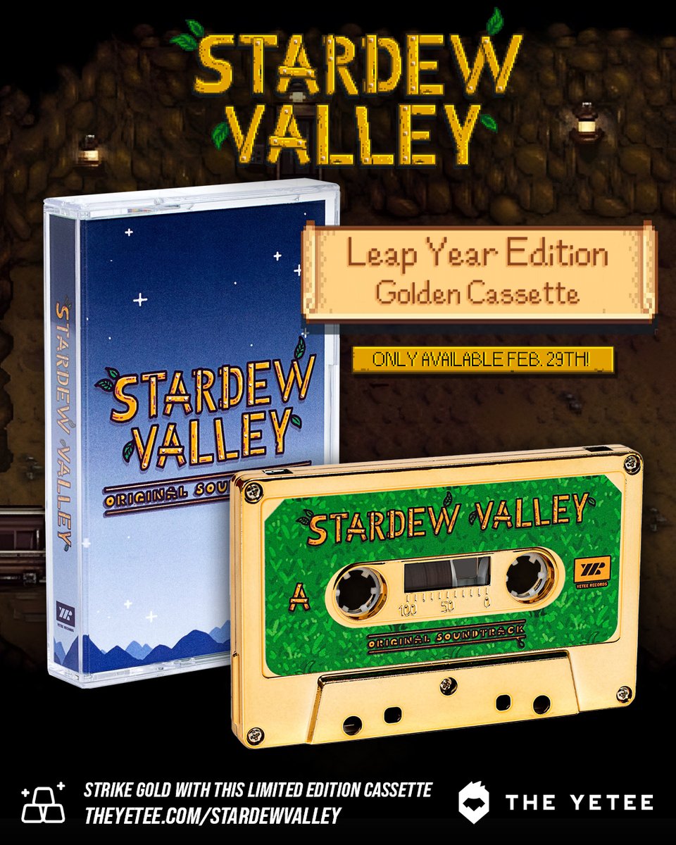Yetee Records (@yeteerecords) on Twitter photo Delve into the mines with this Limited Edition "Gold Bar" variant of the Stardew Valley Original Soundtrack on cassette by <a href="/ConcernedApe/">ConcernedApe</a>! Only available for 24 Hours. ⛏️🪙 zurl.co/YyQ9 Delve into the mines with this Limited Edition "Gold Bar" variant of the Stardew Valley Original Soundtrack on cassette by <a href="/ConcernedApe/">ConcernedApe</a>! Only available for 24 Hours. ⛏️🪙 zurl.co/YyQ9