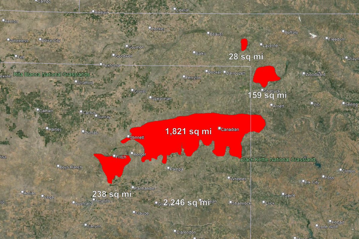 macho_diamond's tweet photo. I imported images of the burn scar into Google Earth and conservatively estimated the area of the four fires to be a combined area of well over 2,200 square miles or 1.4 million acres burned!

#texasfires #oklahoma #fire https://t.co/22iwVwtbYC