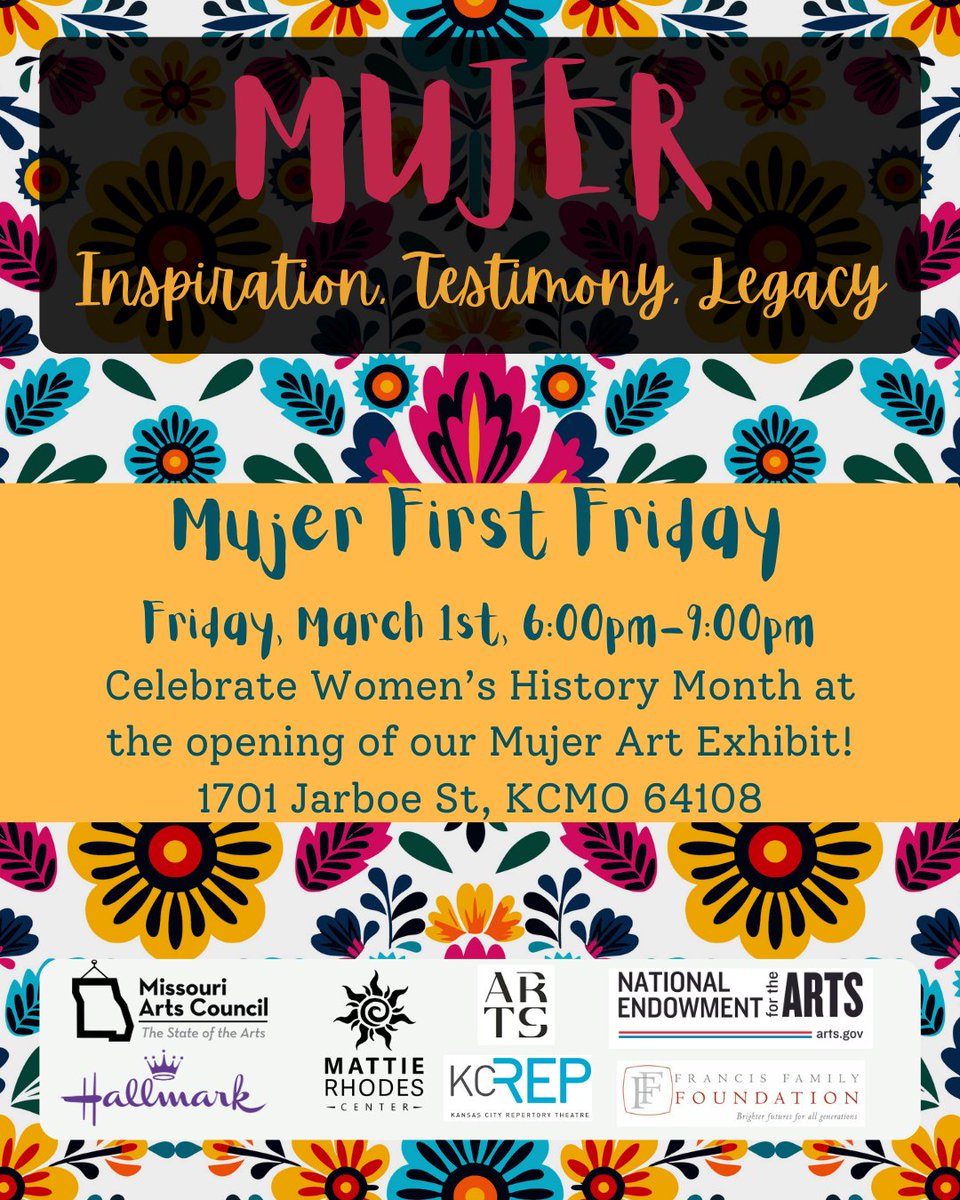 Be sure to join us this Friday for our first exhibit opening of the year! 🌺🚺🎨

Mujer; Inspiration, Testimony, Legacy

Friday, March 1st, 2024
6:00pm-9:00pm
1701 Jarboe St, KCMO
Live DJ, Poetry Reading, and Women-owned businesses!