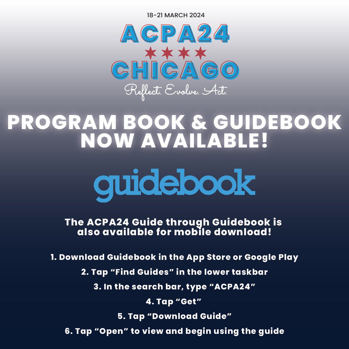 The #ACPA24 team is excited to share the digital Program Book and Guide powered by Guidebook so that you can begin to plan your convention experience! Use the link below to download the program book and instructions for how to access the ACPA24 Guide! chicago2024.myacpa.org/program-book/