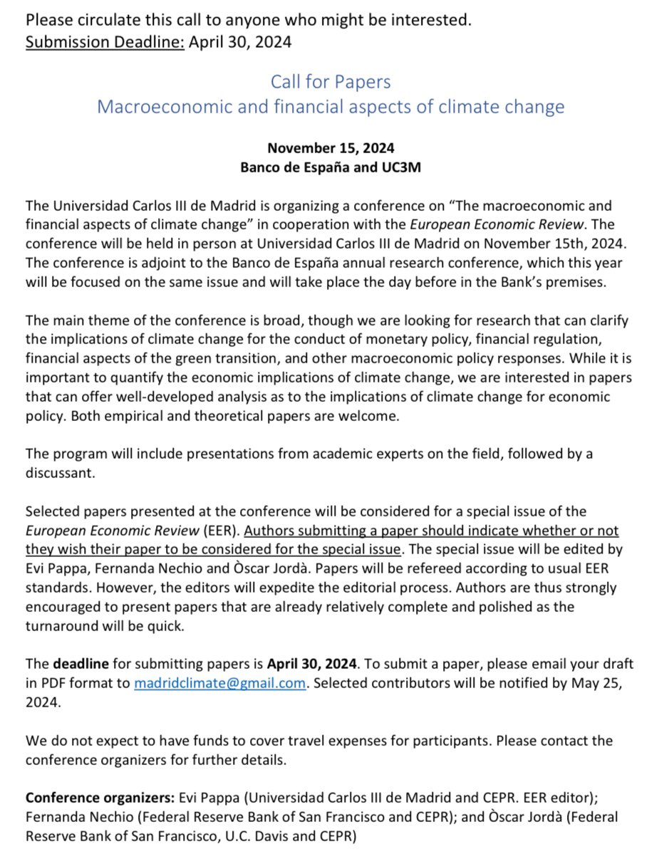Call for Papers: Macroeconomic and financial aspects of climate change
November 15, 2024 Bank of Spain and UC3M