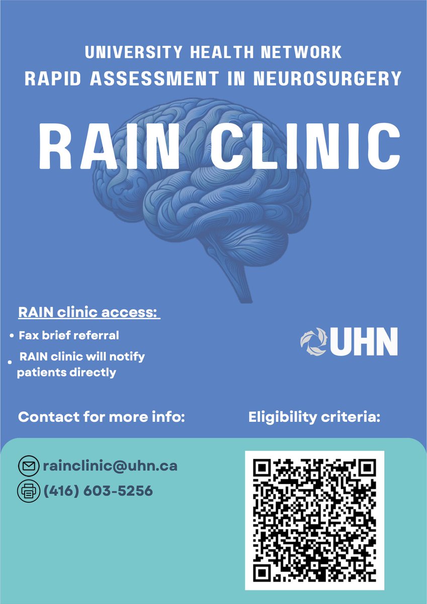 We now have RapidAssessmentInNeurosurgery #RAIN clinic open @UHN @KBI_UHN @UofTNeuroSurge This made possible by @fordnation @ONThealth Scan the QR code/contact information below 👇 Spread the word - RT 🙏