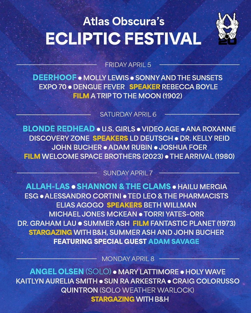 Join us April 5-8 for a weekend celebration of the solar eclipse with a wide array of talent including recent additions @AngelOlsen, @DENGUEFEVER, @tedleo, and @donttrythis, as well as filmmakers, astronomers, and more.⁠ Day passes available! #AOEcliptic bit.ly/41h8AP8