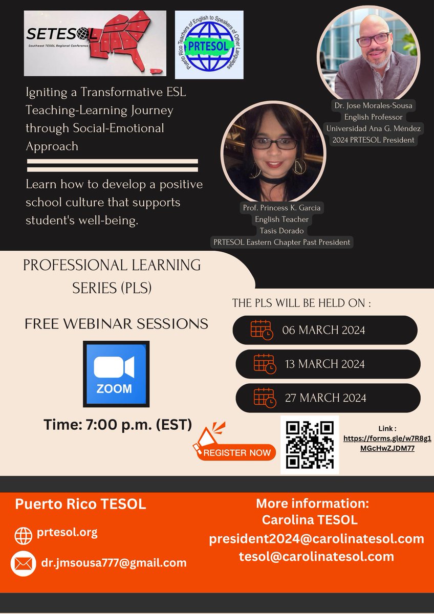 The Puerto Rico TESOL is thrilled to offer three interactive sessions focusing on "Igniting a Transformative ESL Teaching-Learning Journey through a Social-Emotional Approach." Sessions will be on March 6th, 13th, and 27th at 7:00 p.m. (EST).
 forms.gle/5v6AeV1EoTtrek…