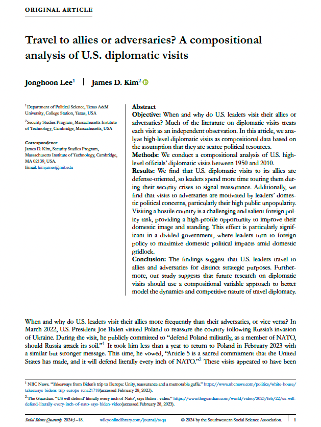 jamesd_kim's tweet photo. Happy to see this piece published at @SSQ_Online with my PhD cohort friend @PhD_Jonghoon.

Using compositional analysis, we examine the determinants of U.S. high-level travel diplomacy portfolio of military allies and adversaries. 1/5 🧵

https://t.co/mxSsyLgsO6 https://t.co/0sQjhASK2z