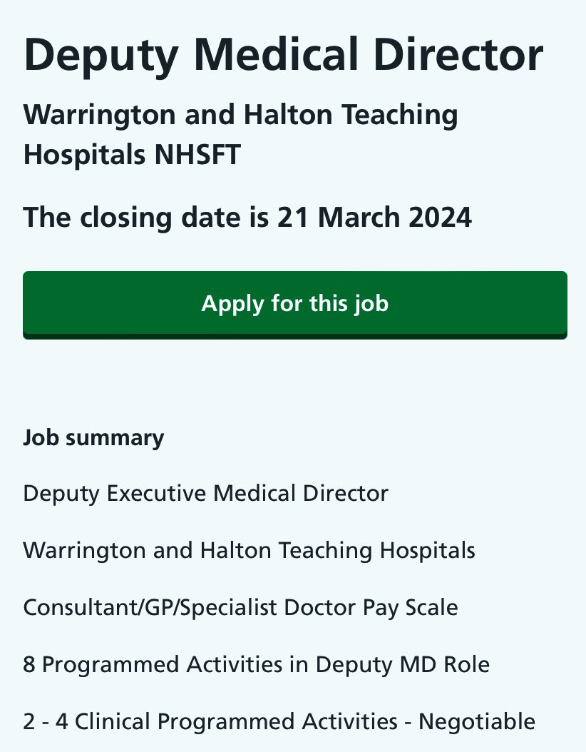 A fantastic opportunity for an ambitious and compassionate medical leader to join the team <a href="/WHHNHS/">WHH 🏥</a> as Deputy Medical Director and play a leading role in improving healthcare in our hospitals and beyond ⬇️

jobs.nhs.uk/candidate/joba…