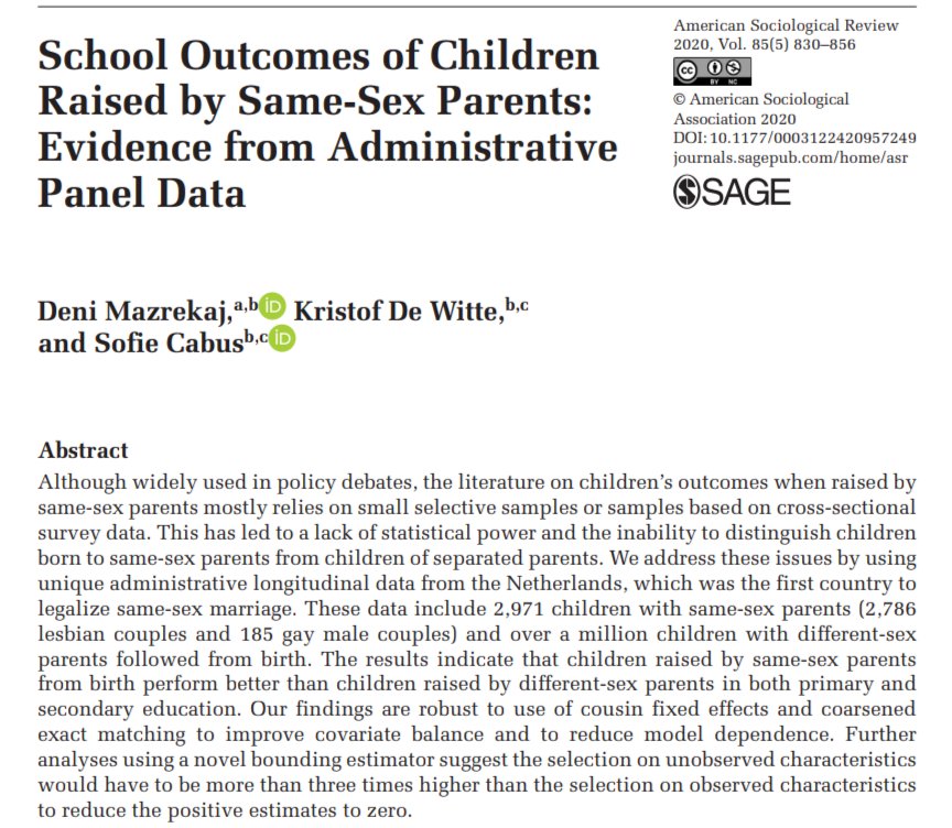 Moje oblíbená odpověď: '...The results indicate that children raised by same-sex parents from birth perform better than children raised by different-sex parents in both primary and secondary education....'