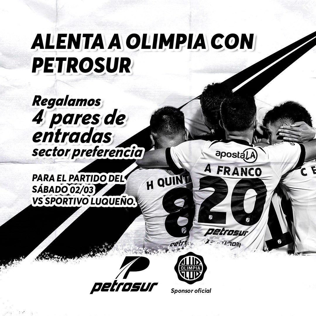 ¡Regalamos 4 pares de entradas sector preferencia para alentar a Olimpia en su partido de este sábado 02/03 vs Sportivo Luqueño!

✅Seguinos.
✅Dale RT a esta publicación.
✅Arrobá en los cometarios a tu acompañante.

Anunciamos a los ganadores mañana a las 12:00 hs. 👀