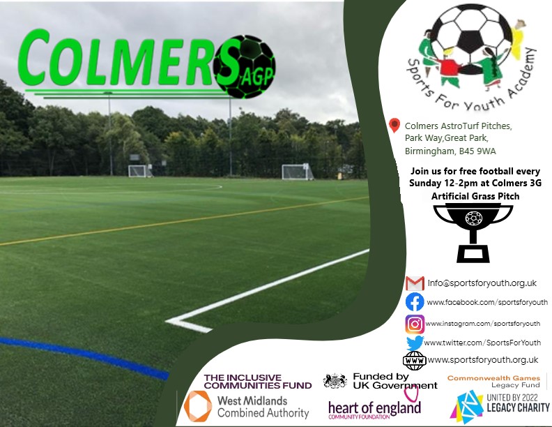 Join us for FREE football every Sunday 12:00pm to 2:00pm at Colmers 3G Artificial Grass Pitches.