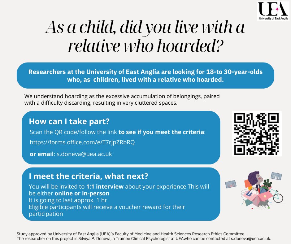 🔍 Childhood memories shape us! Did you grow up with a relative who hoarded? How to participate? Scan the QR code or click the link: vist.ly/3629j #ChildhoodMemories #UEAResearch #HoardingStudy #ShareYourStory #Childhood #Hoarding #HoardingDisorder