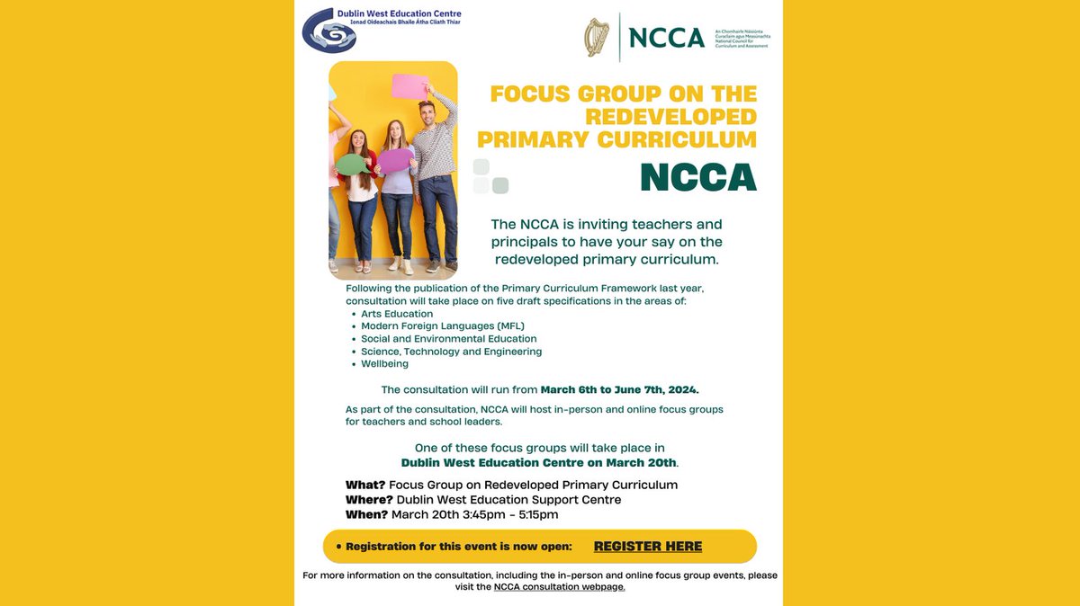 Join a focus group on the redeveloped Primary Curriculum with the NCCA and have your say! 📍Dublin West Education Support Centre 📆 March 20th ⏰ 3:35-5:15pm Register: forms.office.com/pages/response…