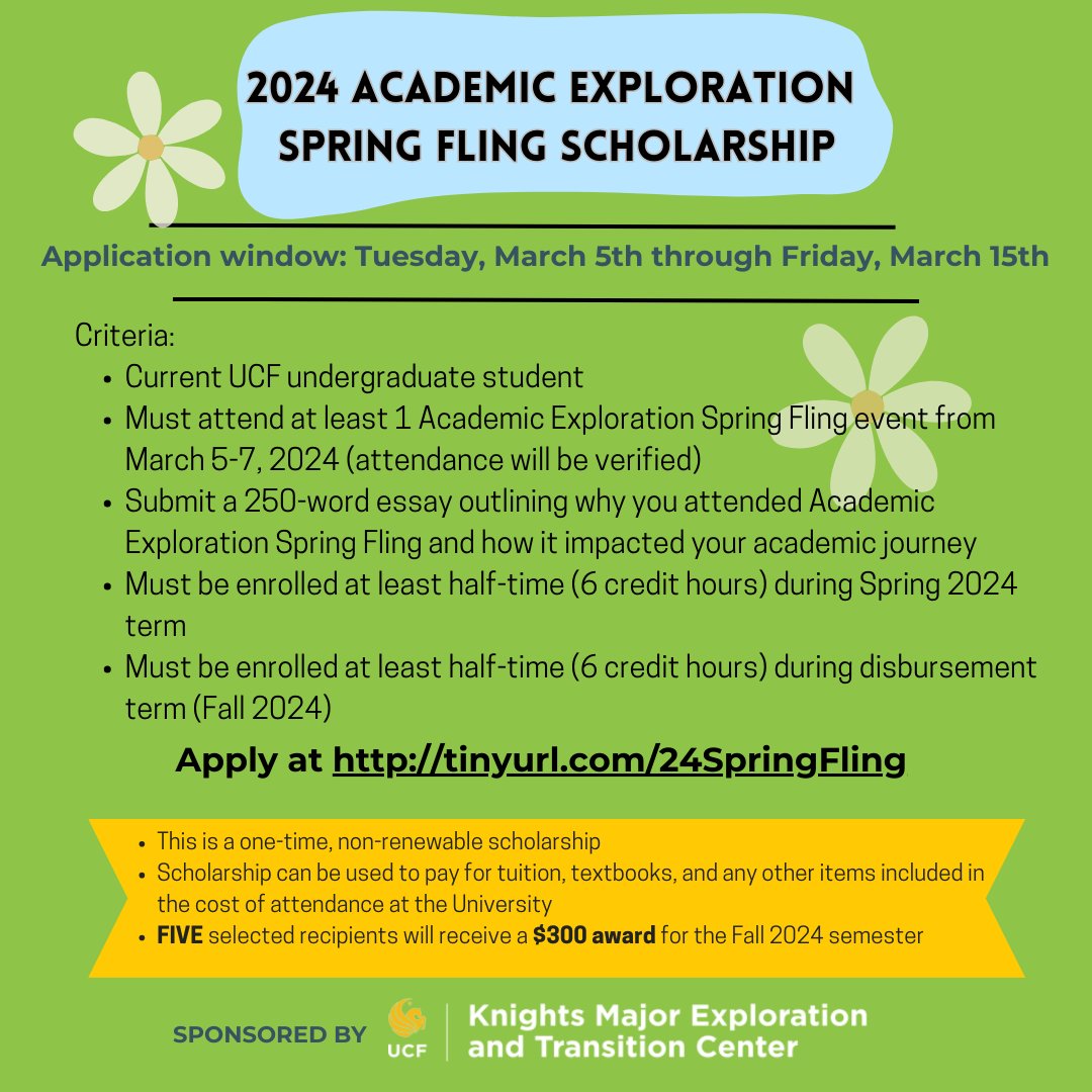 Want the chance to win a $300 scholarship? Take a look at out Academic Exploration Spring Fling Scholarship! Visit  tinyurl.com/24springfling for scholarship details and to apply. #ucf #ucfknights #kmetc #ucf26 #ucf27 #chargeon #goknightsgo #AESF