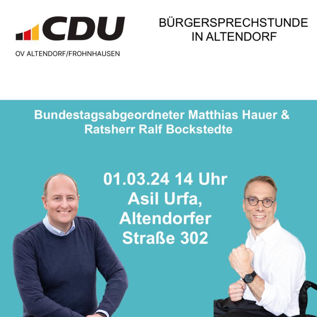 RalfBockstedte's tweet photo. Übermorgen, am 1. März, lädt unser Bundestagsabgeordneter @MatthiasHauer gemeinsam mit mir als örtlichem Mitglied des Rates der Stadt Essen in der Zeit von 14-16 Uhr zur Bürgersprechstunde auf der Altendorfer Straße (vor Hausnummer 302) ein. Wir freuen uns auf euch! https://t.co/4M54qShOkP
