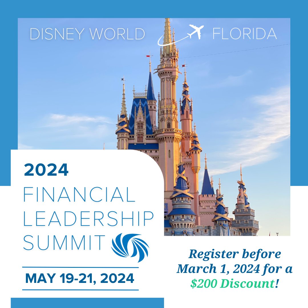 Last chance to receive a $200 discount! Attend the 2024 Financial Leadership Summit for an unforgettable experience at the Contemporary Resort in enchanting Disney World. Find details, lodging and registration information here: bit.ly/3P3q8bQ